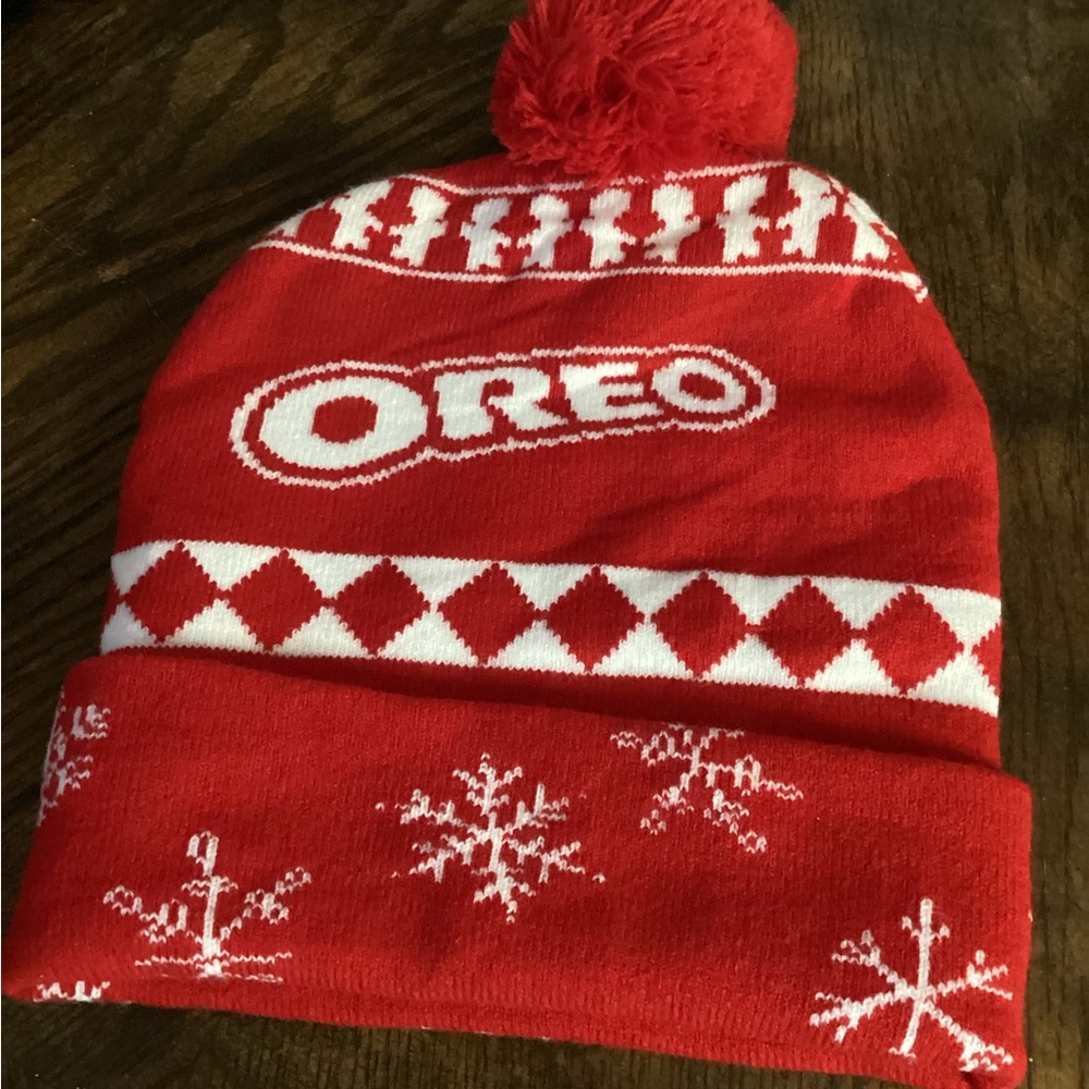 Red and White Winter Beanie Ritz on one side, Oreo on the other - Picture 2 of 2